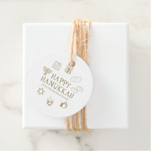Happy Hanukkah gold white custom family name Favour Tags