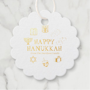 Happy Hanukkah gold white custom family name Favour Tags
