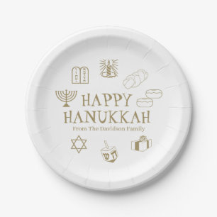 Happy Hanukkah gold white custom family name  Paper Plate