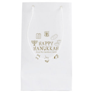 Happy Hanukkah gold white custom family name Small Gift Bag
