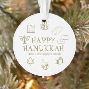 Happy Hanukkah gold white custom name favors Ornament