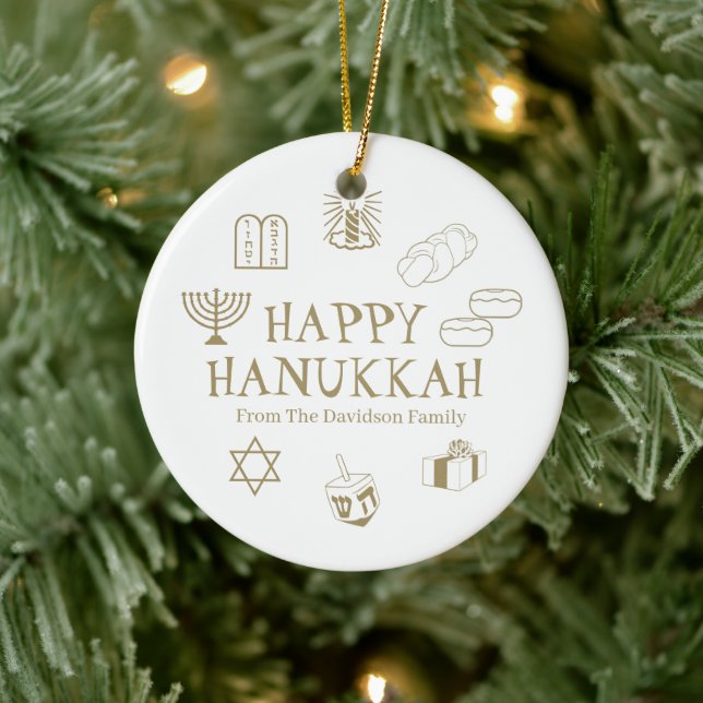 Happy Hanukkah gold white custom name favours Ceramic Ornament (Tree)