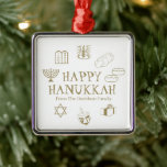 Happy Hanukkah gold white custom name favours Metal Ornament<br><div class="desc">Happy Hanukkah, customise family name gift favour holiday Metal Ornament.
Happy Hanukkah, Happy Chanukah, Hanukkah Sameach!, Chag Sameach!, Chag Urim Sameach!
faux gold and white</div>