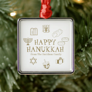 Happy Hanukkah gold white custom name favours Metal Ornament