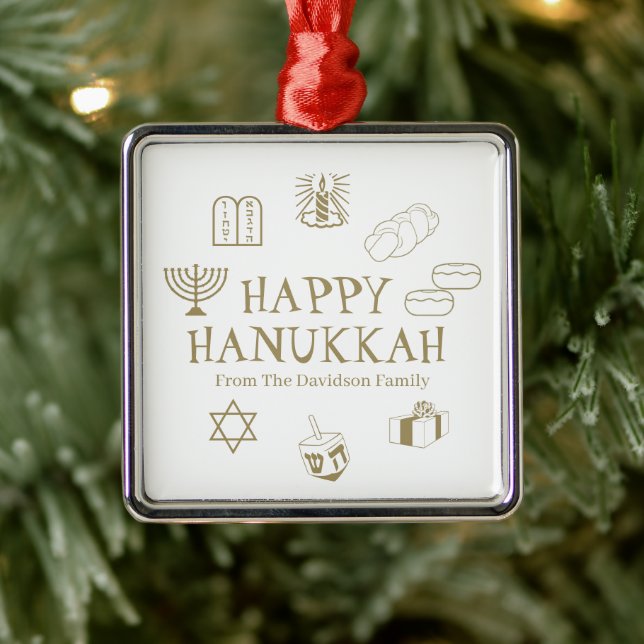 Happy Hanukkah gold white custom name favours Metal Ornament (Tree)