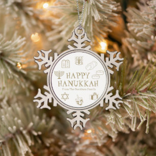 Happy Hanukkah gold white custom name favours Snowflake Pewter Christmas Ornament