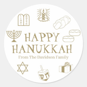 Happy Hanukkah gold white custom name gift favour Classic Round Sticker