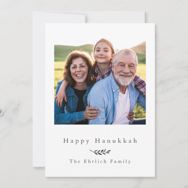 Happy Hanukkah Grey and White Photo Holiday Card (Front)