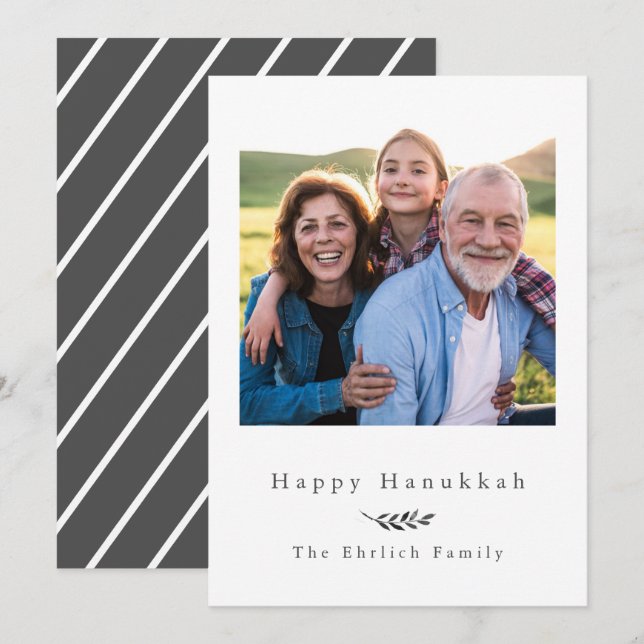 Happy Hanukkah Grey and White Stripes Photo Holiday Card (Front/Back)