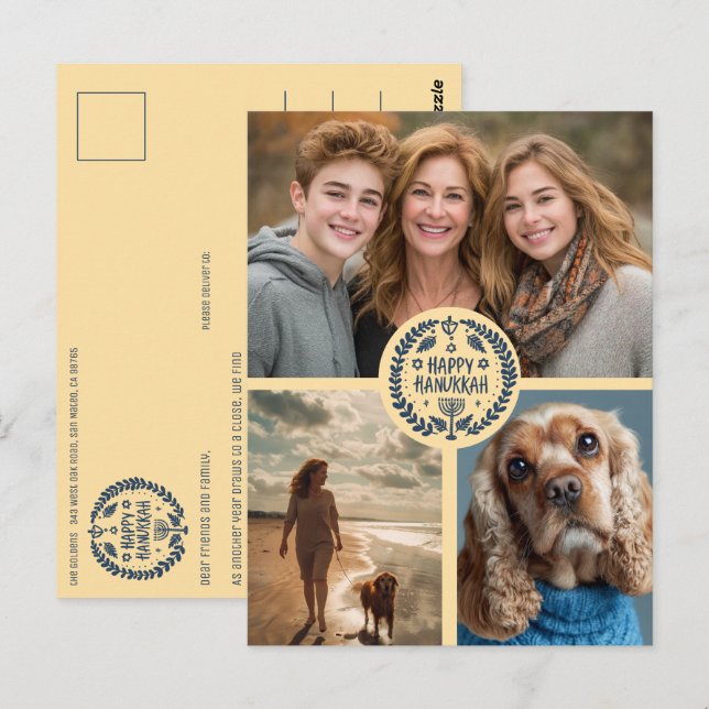Happy Hanukkah Hand-Drawn CUSTOM 3 PHOTO Holiday Postcard (Front/Back)