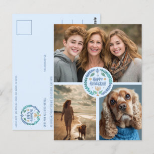 Happy Hanukkah Hand-Drawn CUSTOM 3 PHOTO Holiday Postcard