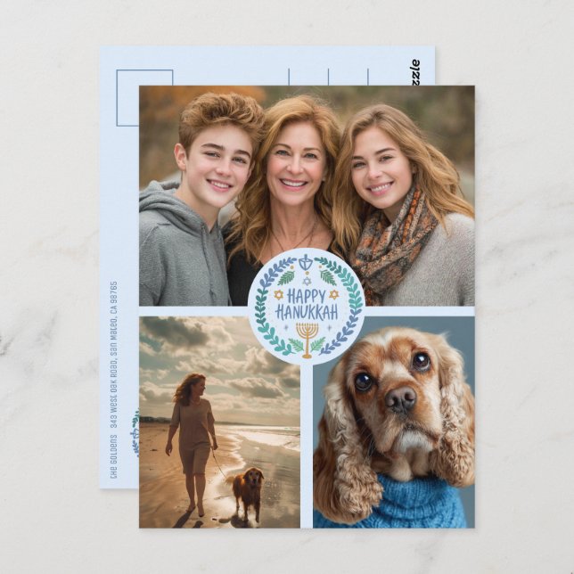 Happy Hanukkah Hand-Drawn CUSTOM 3 PHOTO Holiday Postcard (Front/Back)