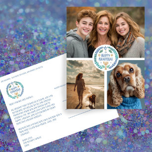 Happy Hanukkah Hand-Drawn CUSTOM 3 PHOTO Holiday Postcard