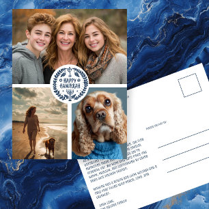 Happy Hanukkah Hand-Drawn CUSTOM 3 PHOTO Holiday Postcard