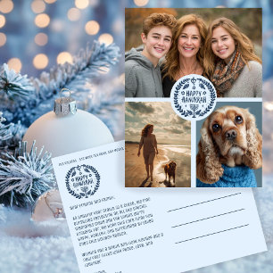 Happy Hanukkah Hand-Drawn CUSTOM 3 PHOTO Holiday Postcard