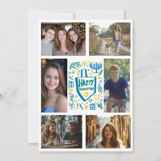 HAPPY HANUKKAH Hand-Drawn CUSTOM 6 PHOTO  Holiday Card (Front)