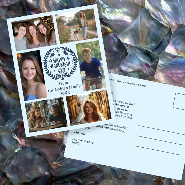 HAPPY HANUKKAH Hand-Drawn CUSTOM 6 PHOTO Holiday Postcard (HAPPY HANUKKAH Hand-Drawn wreath CUSTOM 6 PHOTO Collage Holiday Postcard
)