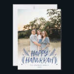 Happy Hanukkah Hand drawn Leaves Snow Blue Photo Holiday Card<br><div class="desc">Stylish,  elegant and personalised; featuring your photo with handwritten styled type accented by hand drawn pine leaves and berries. The back features a festive snow pattern.</div>