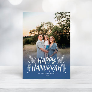 Happy Hanukkah Hand drawn Leaves Snow Full Photo H Holiday Card