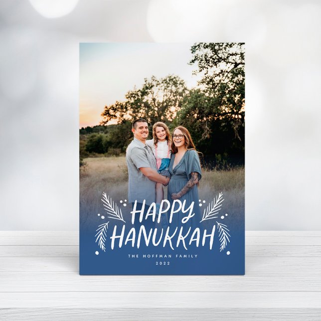 Happy Hanukkah Hand drawn Leaves Snow Full Photo H Holiday Card (Creator Uploaded)