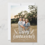 Happy Hanukkah Hand drawn Leaves Snow Full Photo Holiday Card<br><div class="desc">Stylish,  elegant and personalised; featuring your photo with handwritten styled type accented by hand drawn pine leaves and berries. The back features a festive snow pattern.</div>