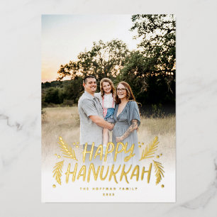 Happy Hanukkah Hand drawn Leaves Snow Photo Foil Holiday Card