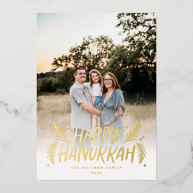Happy Hanukkah Hand drawn Leaves Snow Photo Foil Holiday Card (Front)
