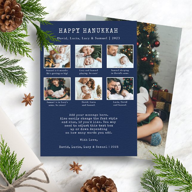 Happy Hanukkah Holiday Card (Merry Christmas Photo Collage Holiday Card - Navy Blue and White)