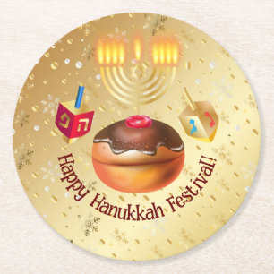 Happy Hanukkah Holiday Doughnuts and Menorah Gold Round Paper Coaster