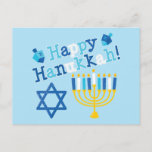 Happy Hanukkah Holiday Postcard<br><div class="desc">Happy Hanukkah text with a menorah,  Star of David and two dreidels. Shades of blue,  white and yellow.</div>