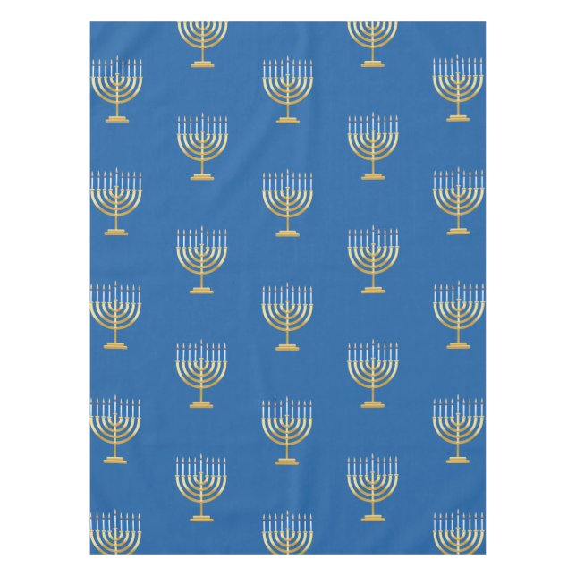 Happy Hanukkah Jewish blue gold menorah Tablecloth (Front)