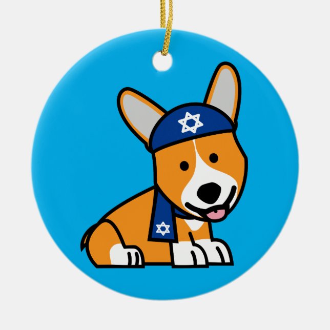 Happy Hanukkah Jewish Corgi Corgis Dog Puppy Ceramic Ornament (Front)