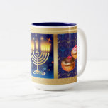 Happy Hanukkah Jewish Holiday Beautiful Two-Tone Coffee Mug<br><div class="desc">Happy Hanukkah Beautiful Jewish Holiday Coffee Mug & Cup Design. Jewish Holiday Hanukkah background with traditional Chanukah symbols - wooden dreidels (spinning top),  doughnuts,  menorah,  candles,  star of David and glowing lights wallpaper,  decorative pattern for Home,  Kitchen & Dining,  Drinkware,  Mugs & Cups. Hanukkah Festival Decoration. Judaica. Jerusalem,  Israel.</div>