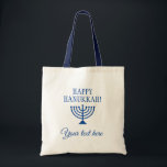 Happy Hanukkah Jewish Holiday menorah custom Tote Bag<br><div class="desc">Happy Hanukkah Jewish Holiday menorah custom canvas tote bag. Custom gift idea for family gathering,  reunion party,  celebrations and more. Blue and white design with religious icon.</div>