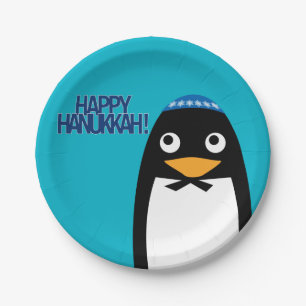 Happy Hanukkah Jewish Penguin Yarmulke Paper Plate