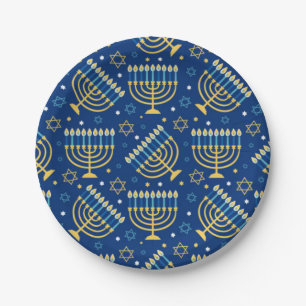 Happy Hanukkah Jewish Star Menorah Blue Paper Plat Plate