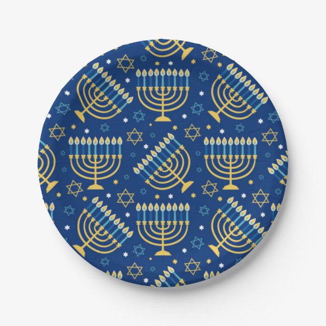 Happy Hanukkah Jewish Star Menorah Blue Paper Plat Plate (Front)