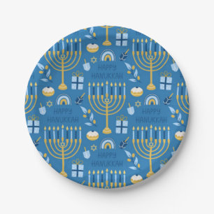 Happy Hanukkah Jewish Star Menorah Blue  Paper Plate