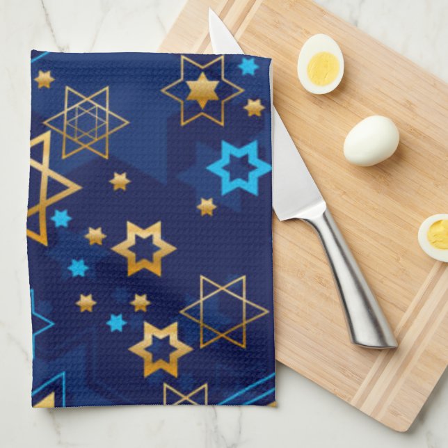 Happy Hanukkah Jewish Star Menorah Blue Tea Towel (Quarter Fold)