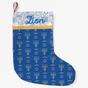 Happy Hanukkah: Judaica Blue White Candles Dreidel Small Christmas Stocking