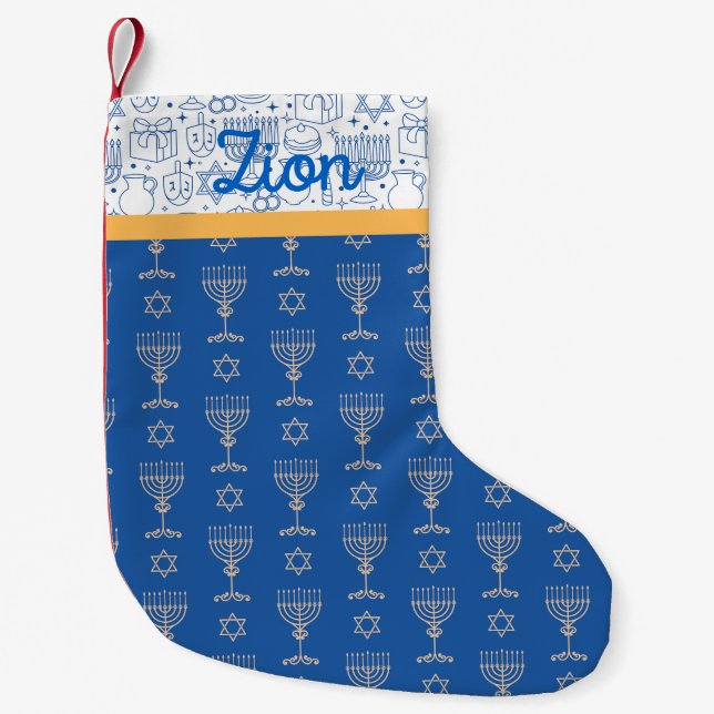 Happy Hanukkah: Judaica Blue White Candles Dreidel Small Christmas Stocking (Front)