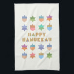 Happy Hanukkah Kitchen Towels<br><div class="desc">A fun and festive Hanukkah design with colourful dreidels and stars. A  modern ,  non-traditional ,  design and pattern with stylised dreidels and Star of David geometric shapes.</div>