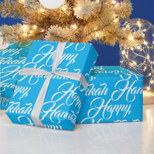 Happy Hanukkah light blue modern elegant script Wrapping Paper