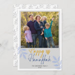 Happy Hanukkah Light Grey Photo Holiday<br><div class="desc">This Hanukkah greeting card features a square photo and trendy handwritten text "Happy Hanukkah" on a light grey background. The design is accented with light blue leaves.</div>