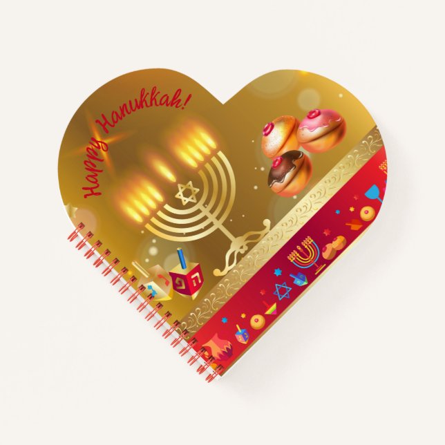 Happy Hanukkah Lights Jewish Holiday Gold Hebrew Notebook (Front)