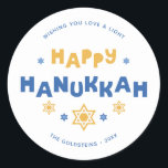 "Happy Hanukkah" Love and Light Classic Round Sticker<br><div class="desc">Festive personalised Hanukkah design.</div>