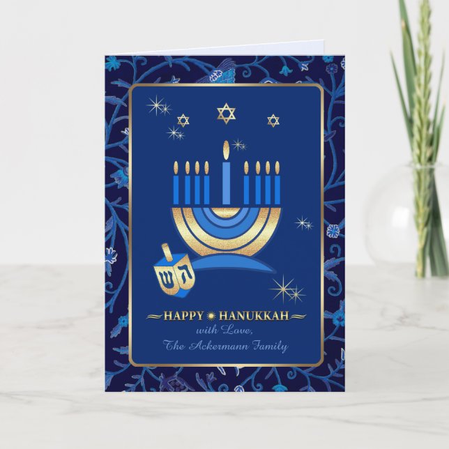 Happy Hanukkah. Menorah and Dreidel Holiday Card (Front)