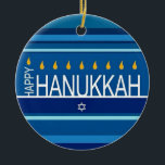 Happy Hanukkah Menorah and Dreidels  Ceramic Ornam Ceramic Ornament<br><div class="desc">Celebrate eight days and eight nights of the Festival of Lights with Hanukkah cards and gifts. The festival of lights is here. Light the menorah, play with the dreidel and feast on latkes and sufganiyots. Celebrate the spirit of Hanukkah with friends, family and loved ones by wishing them Happy Hanukkah....</div>