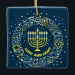 Happy Hanukkah Menorah and Dreidels Ceramic Orname Ornament<br><div class="desc">Celebrate eight days and eight nights of the Festival of Lights with Hanukkah cards and gifts. The festival of lights is here. Light the menorah, play with the dreidel and feast on latkes and sufganiyots. Celebrate the spirit of Hanukkah with friends, family and loved ones by wishing them Happy Hanukkah....</div>