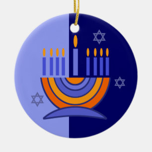 Happy Hanukkah! Menorah and Dreidels Design Ceramic Ornament